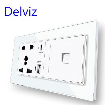 China Delviz Universal 16A Power Socket Residential/General Purpose 2A Wall USB Port, Crystal Glass Panel, Type C Smart Quick Charge, RJ45 Computer Interface Outlet for sale