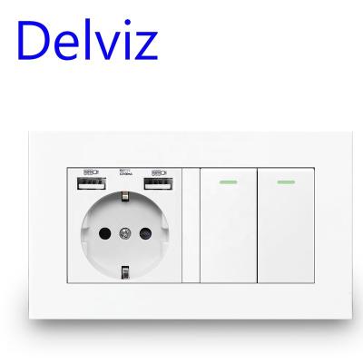 China Delviz Residential/General Purpose 2Gang 1Way/2Way, Overload Protection, 5V 2100MA USB Charging Port, EU Standard 16A Wall Light Switch, European Power Plug for sale