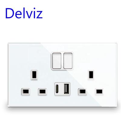 China Delviz Sockets Electrical British Standard Dual Outlet Switch Control Socket, 18W Type-C Ports Fast Charging, Crystal Glass UK 13A Wall Power USB Socket for sale