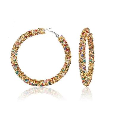 China Trendy Fashion Big Bling Bling Crystal Hoop Earrings 65mm Diamond Crystal Wrapped Holiday Earrings for sale