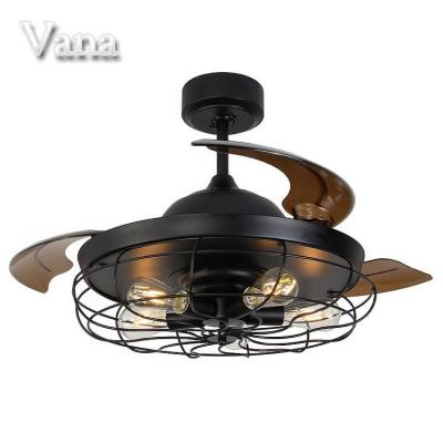 China With Knock Down Function Modern Acrylic Black Finish Dimmable Led Vintage Ceiling Fans Lamp With Retractable Blades Remote Control Ceiling Fan Light Kit for sale