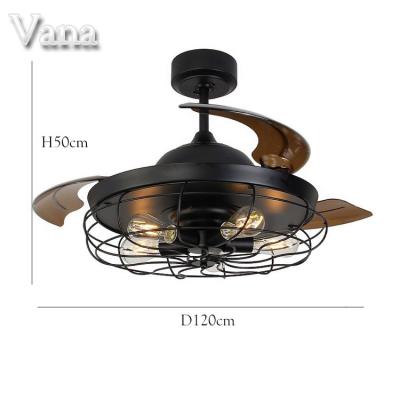 China With Knock Down Function Ceiling Fan With Hidden Blades Modern Vintage Cage Chandelier Ceiling Fan Led With Remote With 5 Edison Bulbs for sale