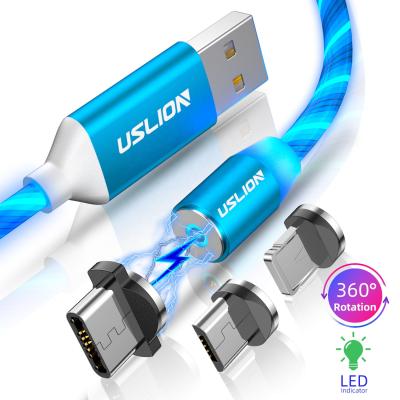 China Fluorescence Light USLION Luminous 3 in 1 USB Magnetic Fast Charging Cable Flowing Light Phone Accessories Cable USB Led Luminous Micro Lighting Cable for sale