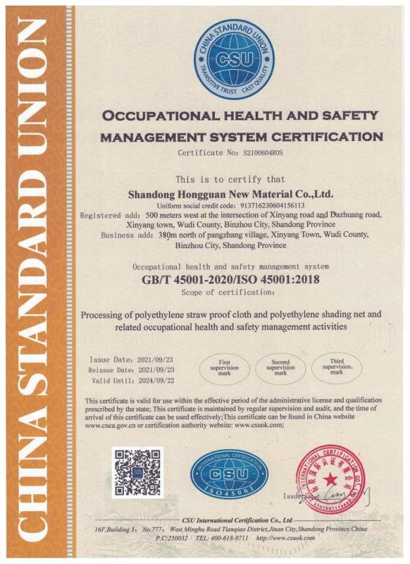 ISO 45001 - Shandong Hongguan New Material Co., Ltd.