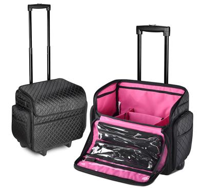 China Fashion Inson High Quality Diamond Pattern Trolley Case Travel Large Cosmetic Bag Nail Rolling Makeup Bag for sale