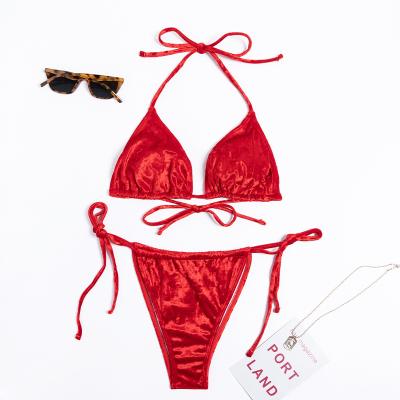 China New Non-Toxic Polyester Ply Display Light Weight Premium Red Micro Lace Up Bikini 2 Pieces for sale