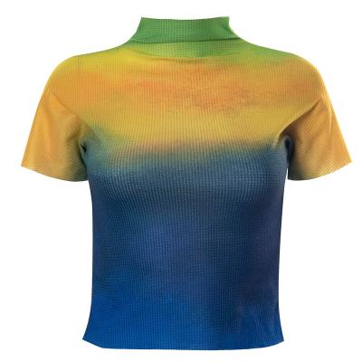 China 2022 summer new high-neck tie QUICK-DRY gradient dye trend casual short-sleeved T-shirt tops for sale