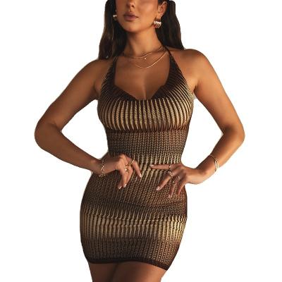 China Anti-Wrinkle Factory Supply Contrast Net Knitted Sleeveless Scoop-Back Toss Nude Tight Dress Streetwear Women for sale