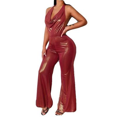 China 2022 QUICK DRY Spring And Lady Shiny One Piece Cami Jumpsuit Sexy Womens Summer Halter V-Neck Playsuit for sale