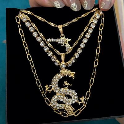 China Multi Layer Crystal Tennis Chain Necklace Full Crystal Zodiac Dragon Pendant Necklace FASHIONABLE Luxury Jewelry for sale