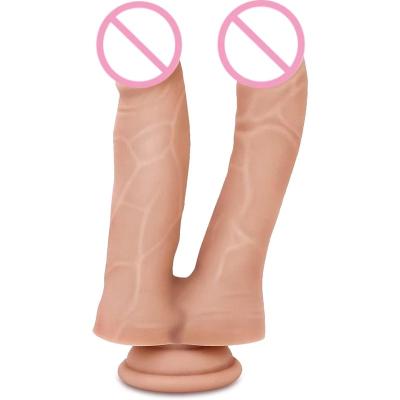 China Realistic 7 Inch Ultra Soft Finished Dual Dildo Silicone Rechargeable Vibrator with Powerful Suction Cup Bottom for Vaginal G-spot and Anal Games for sale