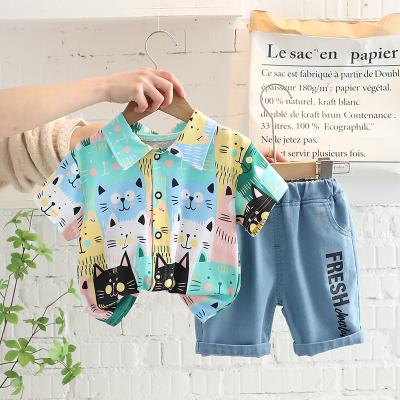 China Wholesale 2 Piece Sets Boy Clothing Set Fashion Kitty Lapel Short Sleeve Shirt Shorts Summer Casual Funny Girl Short Clothes for sale