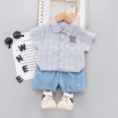 China Kids Summer Baby Boy Casual Clothes Back Pocket Plaid Shirt Boy Clothing Set Denim Shorts Kids Clothing Girl 2 Piece Set for sale