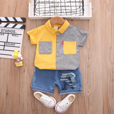 China Casual Boy Clothing Set Sandy Beach Leisure Style Short Sleeve Shorts Denim Shorts Summer Check Shirt 2 Piece Sets Wholesale Kids for sale