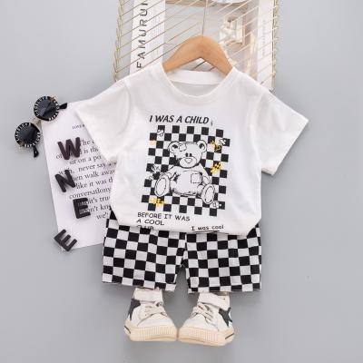 China Black and white kids clothing girl shorts boy clothing set checkerboard bear print T-shirt kids summer casual clothes 2 piece set for sale