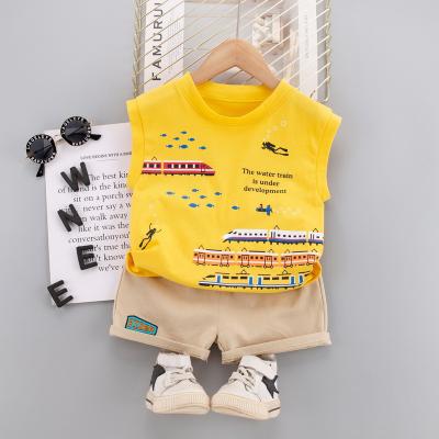 China Summer Baby Boy Casual Sleeveless Print Clothes Kids Boy Clothes Casual Train Set Girl Denim Shorts Children Clothing 2 Piece Set for sale