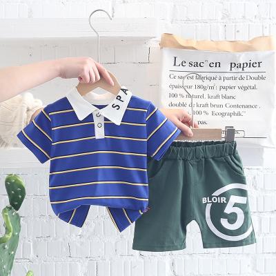 China Casual pure cotton short sleeve stripe button letter style clothing set boy shorts summer check shirt wholesale 2 pieces for sale