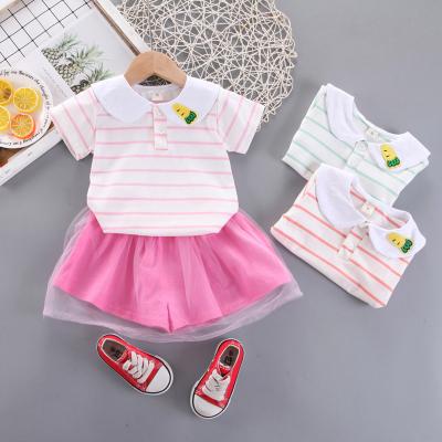 China Breathable Baby Clothes Striped Cartoon Rabbit Collar Mesh 100% Cotton Summer Clothes Factory Solid Color Shorts 2 Piece Sets for sale