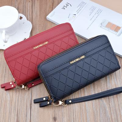 China RFID Women's Plaid Embossed Long Zipper Handbag With Large Capacity Double Layer Wallet for sale