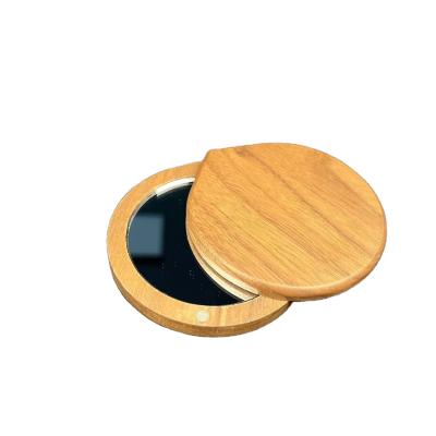 China Customized LOGO Round Wood Lit Personalized Makeup Round Pocket Handheld Mirror for sale