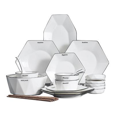 China Sustainable Nordic Black Line Ceramic With Single Tableware And Diamond Tableware Bowl Set Ceramic for sale