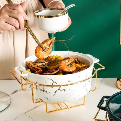 China Nordic Binaural Ceramic Dry Tableware Marble Viable Bowl Creative Golden Pot Pattern Gold Casserole Holder With Candle Holder for sale