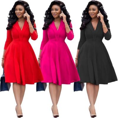 China Fashion Long Sleeve Solid Color Breathable Dark Pleated Dress V Neck Ladies Office Wear Designs for sale