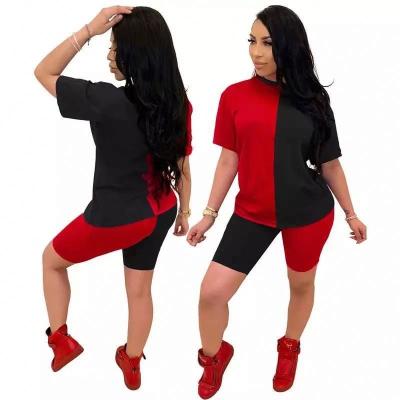 China QUICK DRY Women's Skinny Clothes And Biker Shorts Set Sweat Suits Lounge Wear Color Block T-Shirt Two Piece Sets for sale