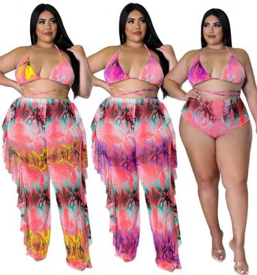 China Viable Women Print Backless Ruffles Plus Size Sexy Beachwear 3 Piece Set for sale