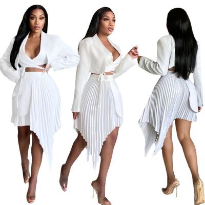 China New Style Anti-pilling V-Neck Crop Top White Color And Knee Length Pleated Skirt Set Autumn Full Sleeve 2 Piece Clothing Suits for sale