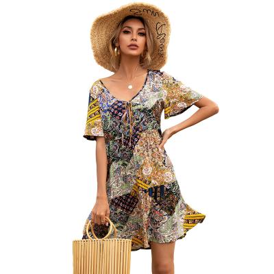 China 2021 Summer Women Boho Short Sleeve Ruffle Beach Dress Vintage Print Bohemian A Line Anti-Static Casual Dress for sale