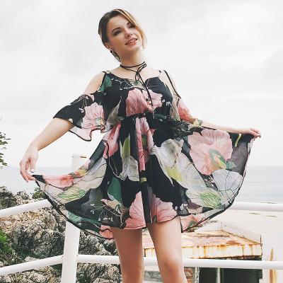 China Halter Anti-Static Print Plus Size V-Neck Strap Dress Beach Ruffled Chiffon Beach Casual Dresses for sale