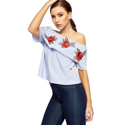 China Cheap Anti-wrinkle Off Shoulder Women Floral Embroidered Striped Rose T-shirt Tops Loose Blouse Tops Striped for sale