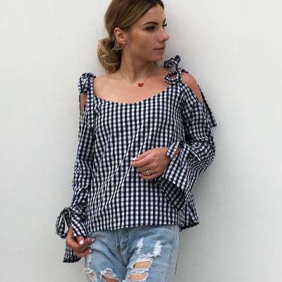 China Anti-Wrinkle Women Classic Black Plaid Shoulder Bow Knot Blouse White 100% Cotton Off-Shoulder Shirts Long Sleeve Casual Crop Top for sale