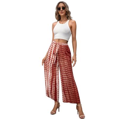 China Anti-Wrinkle Women Clothing Bubbled Paper Bag Waist Tribal Bohemia Print Pants Daily Wear Trousers Wide Leg Pants for sale