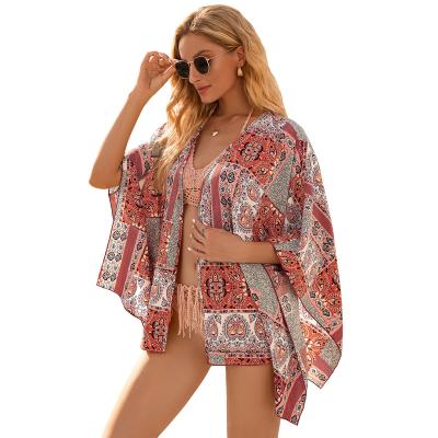 China Custom 2021 Women's Summer Print Kimono Sunshade Cardigan Bat Sleeve Bohemian Beach Windproof Cover Up Beachwear Cardigan Kimono for sale