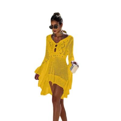 China Amazon Hot Sale Summer Anti-Static Hollow Out Long Sleeve Crochet Vacation Beach Cover Up Beach Wear Dress For Women for sale