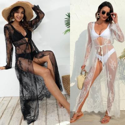 China Anti-Static See Through Beach Blouse Women Lace Up Strap Waist Closed Sexy Crochet Long Sleeve Beachwear Lace Cover Up for sale