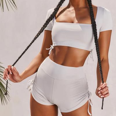 China New Arrival Breathable Women U Style Front Drawstring Yoga Bras Shapewear Cycling Shorts Set Activewear Yoga Seamless Suits for sale