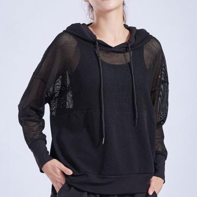 China Autumn Hot Sale Girls Mesh Breathable Sweatshirts Anti-wrinkle Full Body Workout Women Long Sleeve Loose Black Hoodies for sale