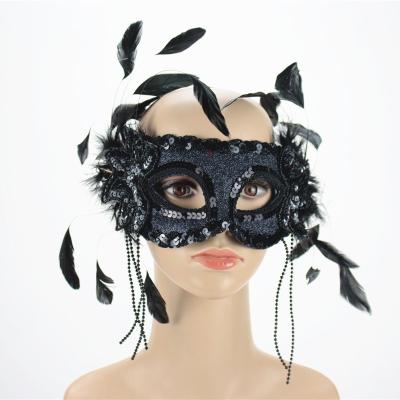 China Party Supplies Customized PP Cover Fabric Black Lace Feather Masquerade Party Mask for sale