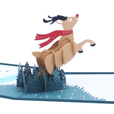 China Hot Sale 3D Wooden Christmas Elk Sleigh Tridimensional Paper Handmade Greeting Card for sale