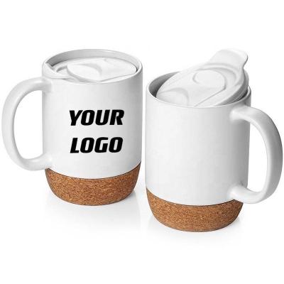 China Sustainable Office home eco-friendly coffee mug reusable white ceramic mug gift wholesale cork bottom with handle mug with lid for sale