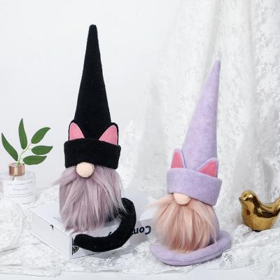 China High Quality Fabric Black Purple Halloween Cat Gnome Swedish Tomte Plush Cat Doll Toy For Farmhouse Home Decor for sale