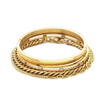 China TRENDY 18K Gold Plated Stainless Steel Cuff Bangle Chain Bracelet Set Jewelry For Women for sale