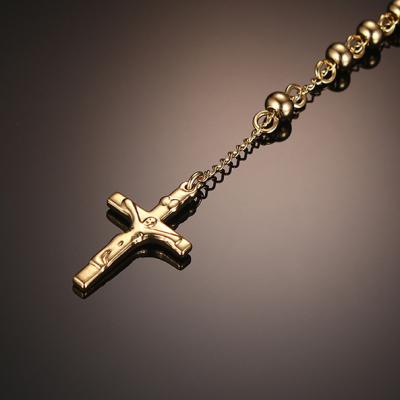 China FASHIONABLE Rosary Bead Necklace Long Chain Cross Charm Gold Plated Stainless Steel Pendant Necklace for sale