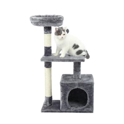 China Warehouse Stocked Small Cat Tree Condo With Modern Canada Sisal Striping Dangling Pole Ball for sale