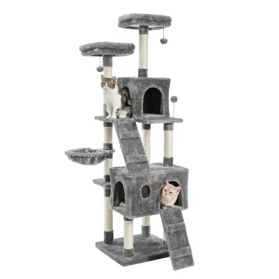 China Cat Tree Tower With Dual Luxury Large Accommodations Hammock Comfortable Stocked Sisal Lining Post Gray for sale