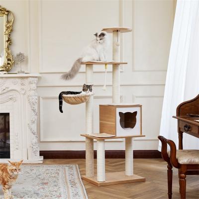 China Stocked Drop Shipping Cat Tree Wooden Cat Tower Luxury With Lining Post Accommodation Comfortable Hammock for sale