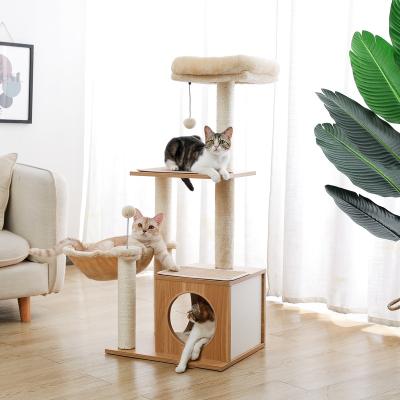 China Stocked US Current Free Shipping Cat Tree Modern Wooden Cat Tower With Sisal Lining Large Poles Housing for sale